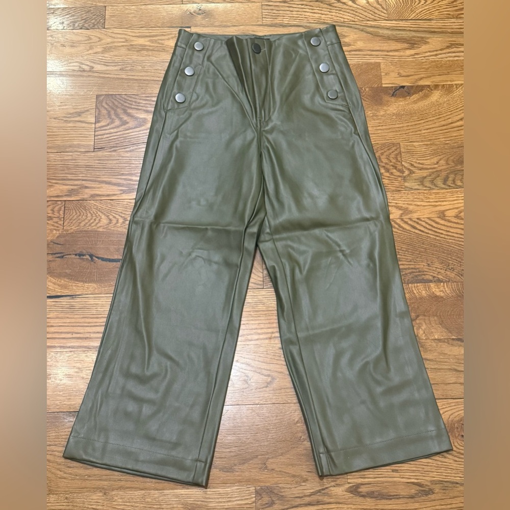 NWT. OAT. Wide Straight Leg High Rise, Crop Pant. Vegan Leather Olive. Size 26.